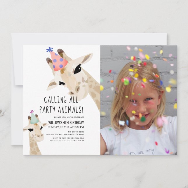 Party Animals Giraffe Photo Birthday Inbjudningar (Framsida)
