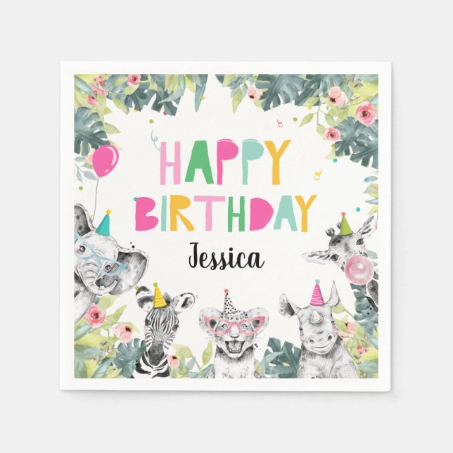 Party Animals Girl Safari Animals Födelsedagsfest  Pappersservett (Framsidan)