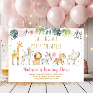 Party Animals Girl Safari Birthday Inbjudningar