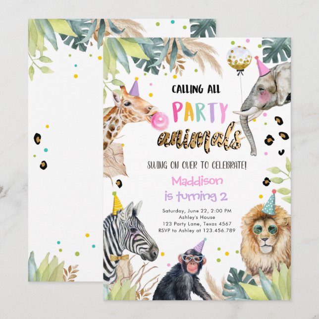 Party Animals Girl Safari Birthday Jungle Zoo Inbjudningar (Fram/baksida)