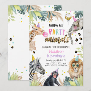 Party Animals Girl Safari Birthday Jungle Zoo Inbjudningar