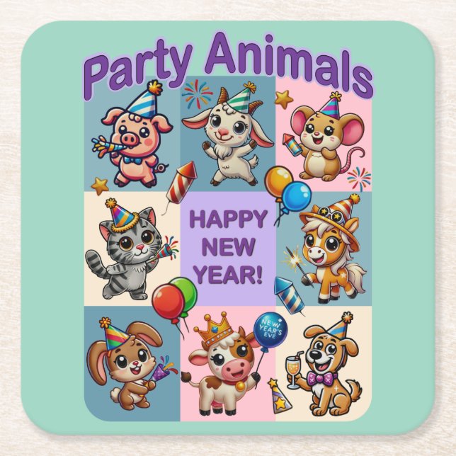 Party Animals ’Gott nytt år’ Underlägg Papper Kvadrat (Framsidan)