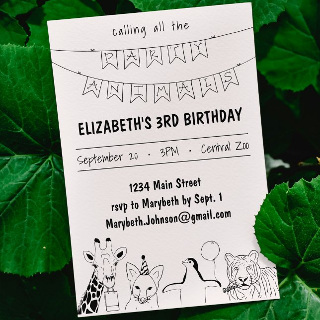 Party Animals Hand plockade Doodle Barn Birthday Inbjudningar (calling all party animals kid's birthday invitation custom hand drawn doodle cute bday party )