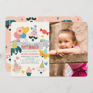 Party Animals Hundar & Cat Balloons Birthday Photo Inbjudningar