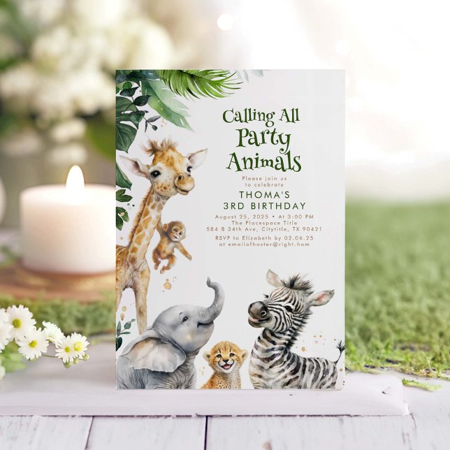 Party Animals Jungle Safari Roligt Birthday Inbjudningar (Safari Animals Kids Birthday Invitations)