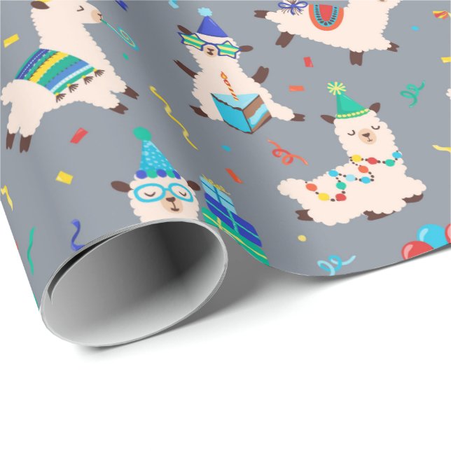 Party Animals Lama Födelsedagsfest Grå Presentpapper (Rullad Hörn)
