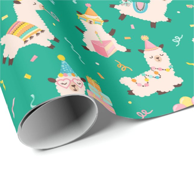 Party Animals Lama Födelsedagsfest Grön Presentpapper (Rullad Hörn)