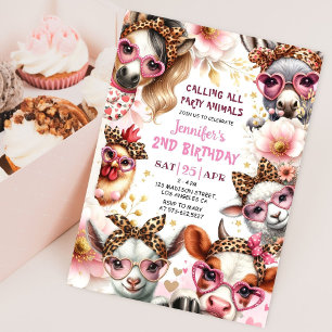 Party Animals Rosa Barnyard Girl Farm Birthday Inbjudningar