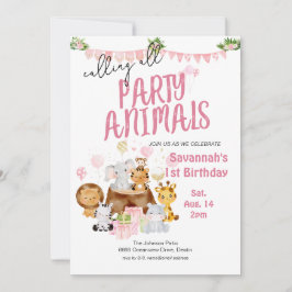 Party Animals Rosa Birthday Inbjudningar