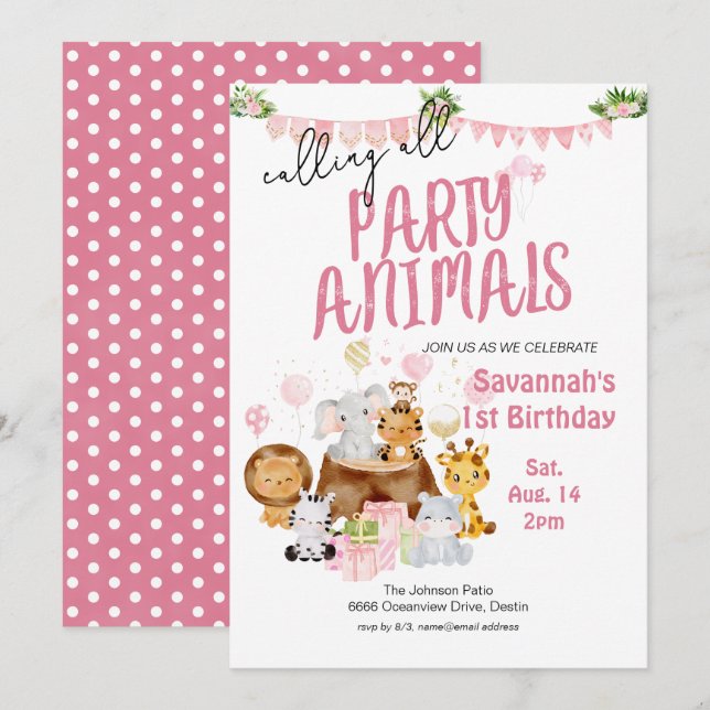 Party Animals Rosa Birthday Inbjudningar (Fram/baksida)