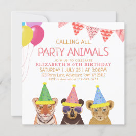 Party Animals Rosa Birthday Inbjudningar