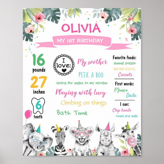 Party Animals Safari First Birthday Milestones Pos Poster (Framsidan)