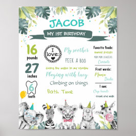 Party Animals Safari First Birthday Milestones Poster
