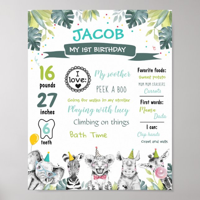 Party Animals Safari First Birthday Milestones Poster (Framsidan)