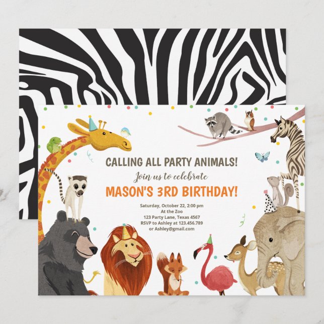 Party Animals Safari Girl Boy Animals Birthday Inbjudningar (Fram/baksida)