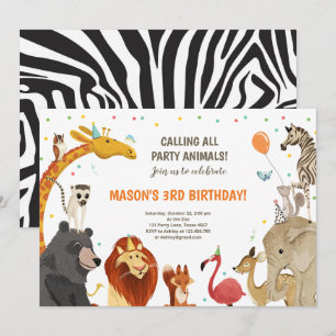 Party Animals Safari Girl Boy Animals Birthday Inbjudningar