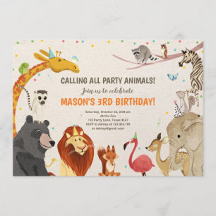 Party Animals Safari Girl Boy Animals Birthday Inbjudningar