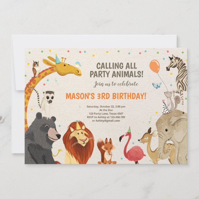 Party Animals Safari Girl Boy Animals Birthday Inbjudningar (Framsida)