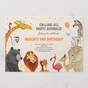 Party Animals Safari Girl Boy Animals Birthday Inbjudningar