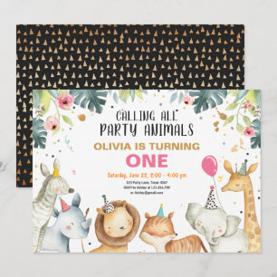 Party Animals Safari Guld Girl Girl Birthday Inbjudningar