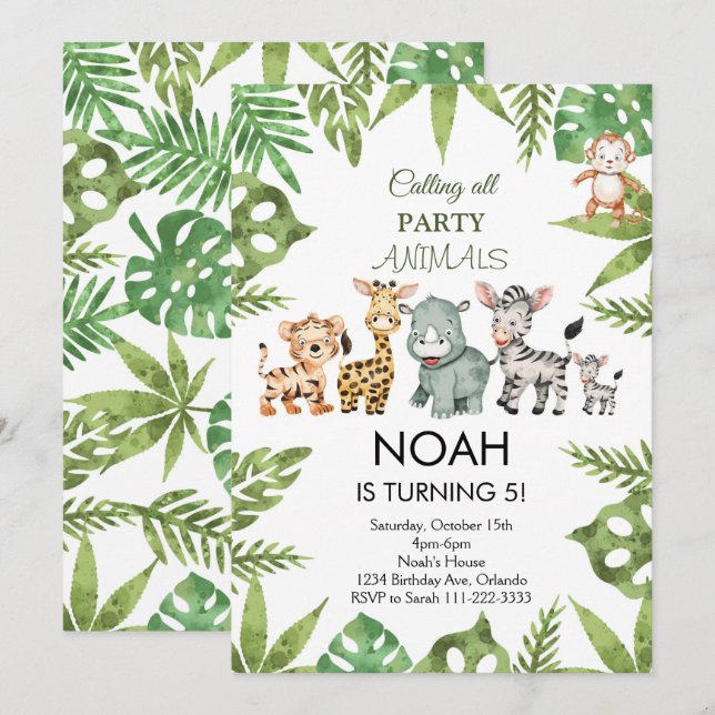 Party Animals Safari Jungle Birthday-inbjudan Inbjudningar (Fram/baksida)