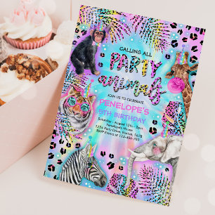 Party Animals Safari Neon Rainbow Cheetah Birthday Inbjudningar