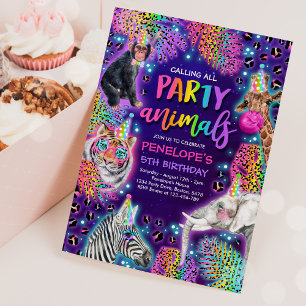 Party Animals Safari Neon Rainbow Cheetah Birthday Inbjudningar