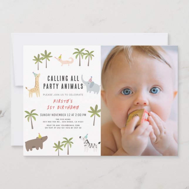 Party Animals Safari Photo 1st Birthday Inbjudningar (Framsida)