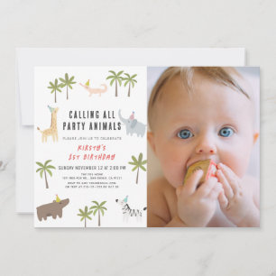 Party Animals Safari Photo 1st Birthday Inbjudningar