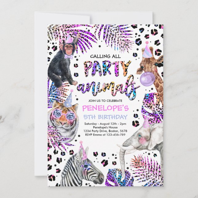 Party Animals Safari Rainbow Cheetah Birthday Inbjudningar (Framsida)