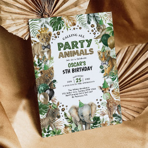 Party Animals Vild Jungle Safari Boy 1:a födelseda Inbjudningar