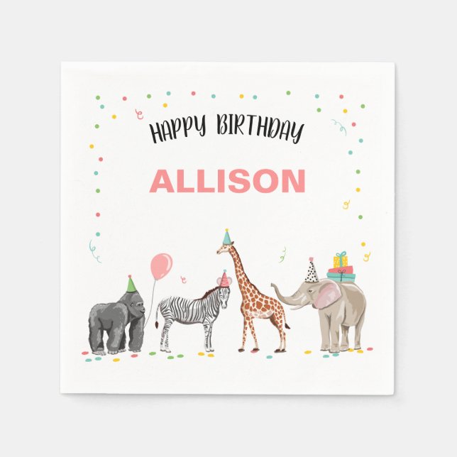 Party Animals Vild One Zoo Jungle Girl Birthday Pappersservett (Framsidan)