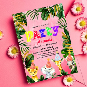 Party Animals Vild Safari Rosa Girl Girl Födelseda Inbjudningar