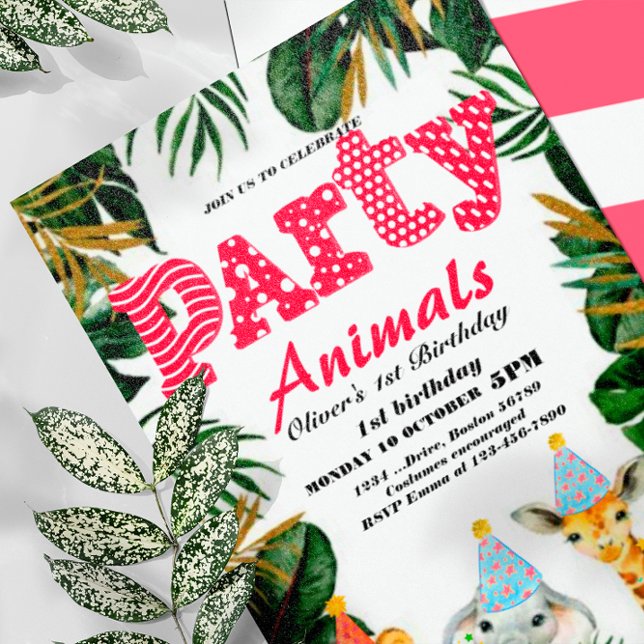 Party Animals Vild Safari Rosa Girl Girl Födelseda Inbjudningar (Skapare uppladdad)