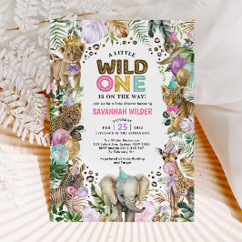 Party Animals Vild Safari Rosa Lilac Baby Shower I Inbjudningar
