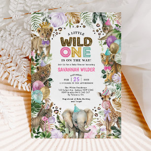 Party Animals Vild Safari Rosa Lilac Baby Shower I Inbjudningar