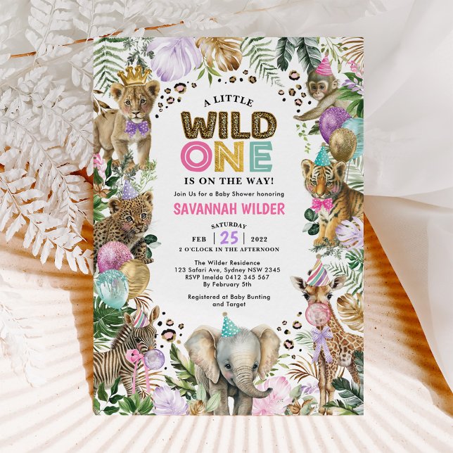 Party Animals Vild Safari Rosa Lilac Baby Shower I Inbjudningar (Skapare uppladdad)