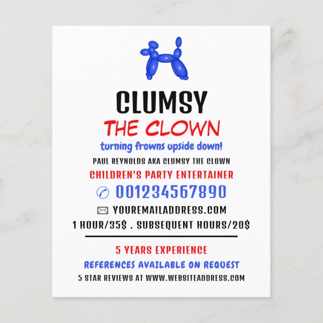 Party Balloon Kids Entertainer, Clown Advertising Flygblad (Framsidan)