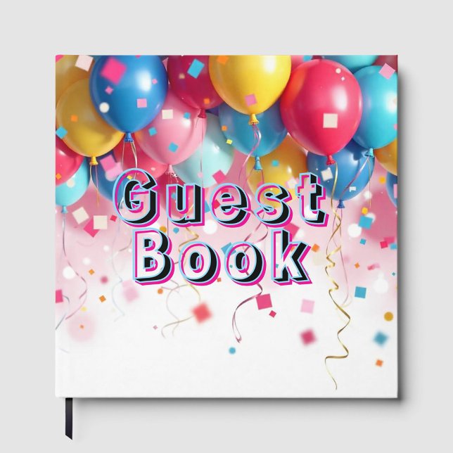 Party Balloons Guest Bok (Colorful balloons and confetti floating in the air creating a festive atmosphere!)