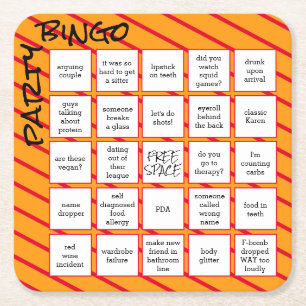 Party Bingo Funny Orange Red Modern Underlägg Papper Kvadrat