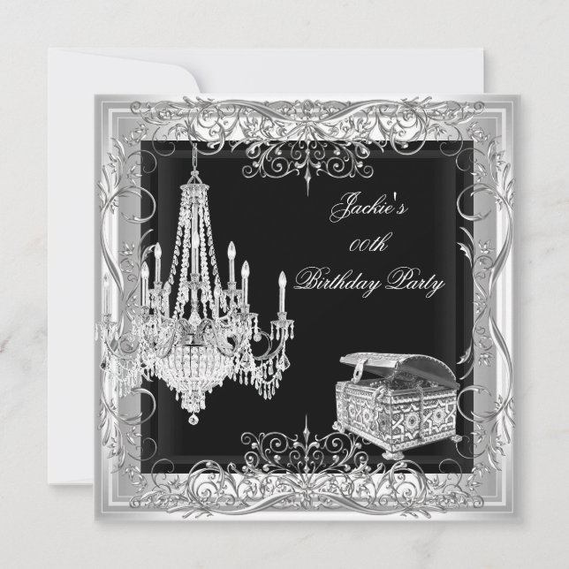 Party Birthday Silver Chandelier White Black Inbjudningar (Framsida)
