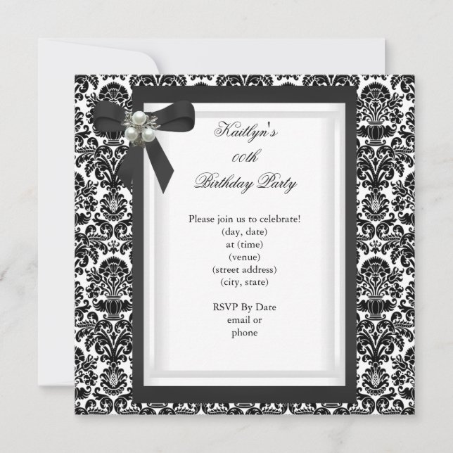 Party Black White Damask Pearl Jewel Image Inbjudningar (Framsida)