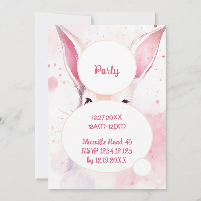 Party Bunny Cute Rosa Pastel Watercolor Inbjudningar (Baksida)