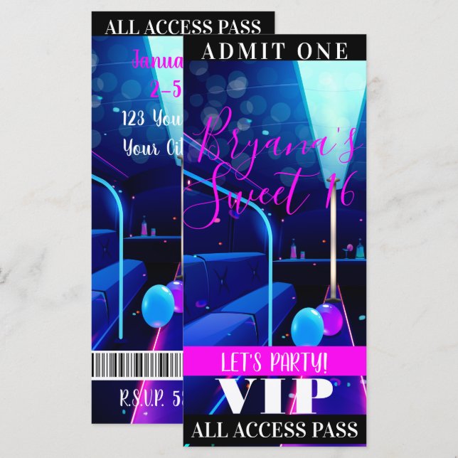 Party Bus Sweet 16 All Access-biljett VIP-biljett (Fram/baksida)