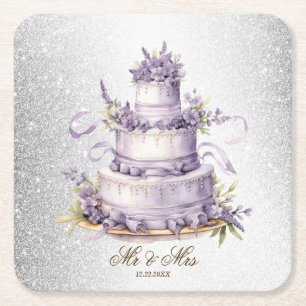 Party Cake Lavender Blommigt Watercolor Elegant Underlägg Papper Kvadrat