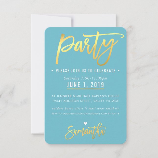 PARTY CARD-skript för söt turkos blå guld OSA Kort (Framsida)