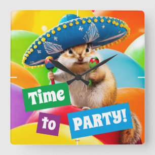 Party Chipmunk in Sombrero Fyrkantig Klocka