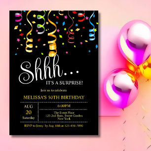 Party Confetti Ribbon Black Surprise Birthday Inbjudningar