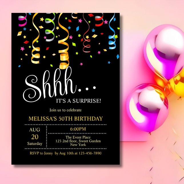 Party Confetti Ribbon Black Surprise Birthday Inbjudningar (Skapare uppladdad)