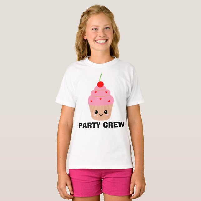 Party Crew Kids Cuptårta T-shirt, födelsedagsbesät T Shirt (Hel framsida)